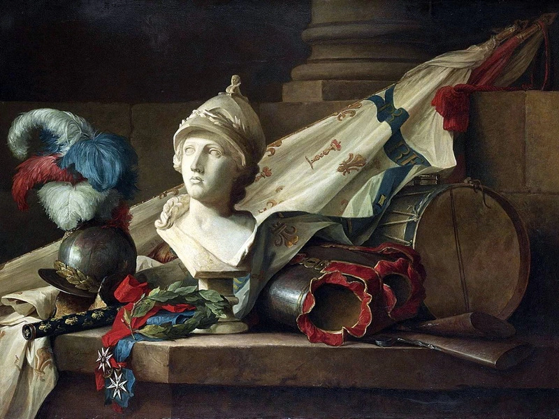 1744-Anne Vallayer-Coster - Busto di Minerva con armatura e armi su una sporgenza di pietra, 1777